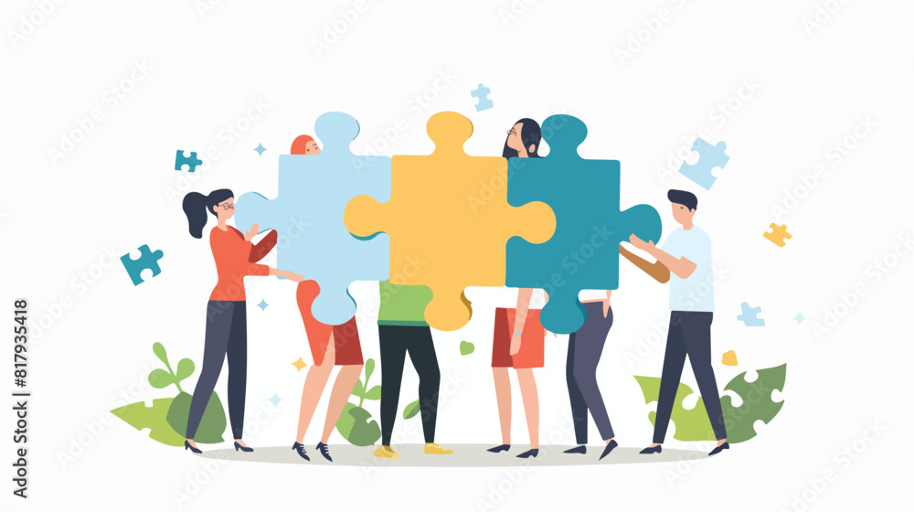 People holding jigsaw puzzle flat vector illustration