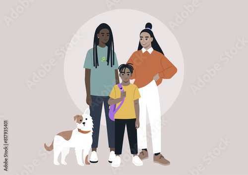A full length multiracial family portrait, a lesbian couple, their child, and a dog