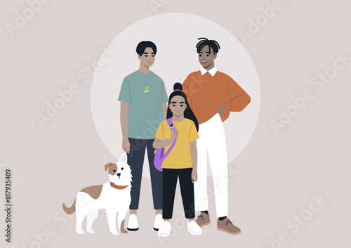 A full length multiracial family portrait, a gay couple, their child,  and a dog