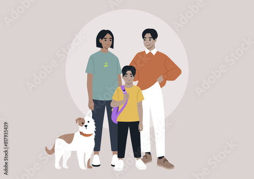 A full length multiracial family portrait, a couple, their child, and a dog
