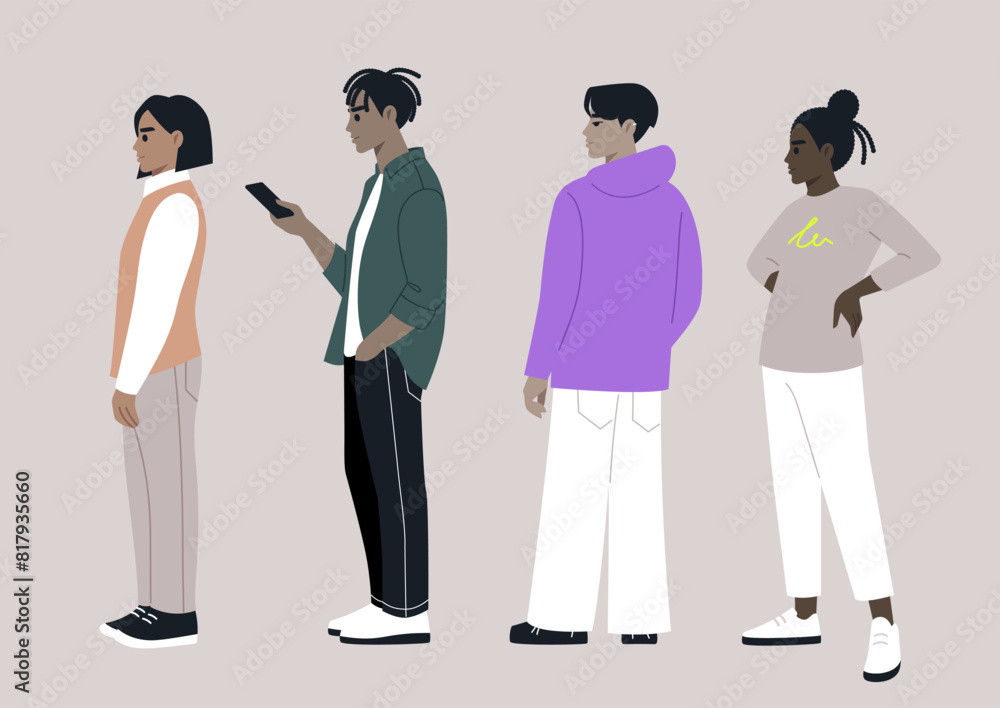 Four individuals stand in a casual queue, dressed in modern attire, each displaying unique postures and expressions, set against a muted background Four individuals stand in a casual queue, dressed in modern attire, each displaying unique postures and expressions, set against a muted background