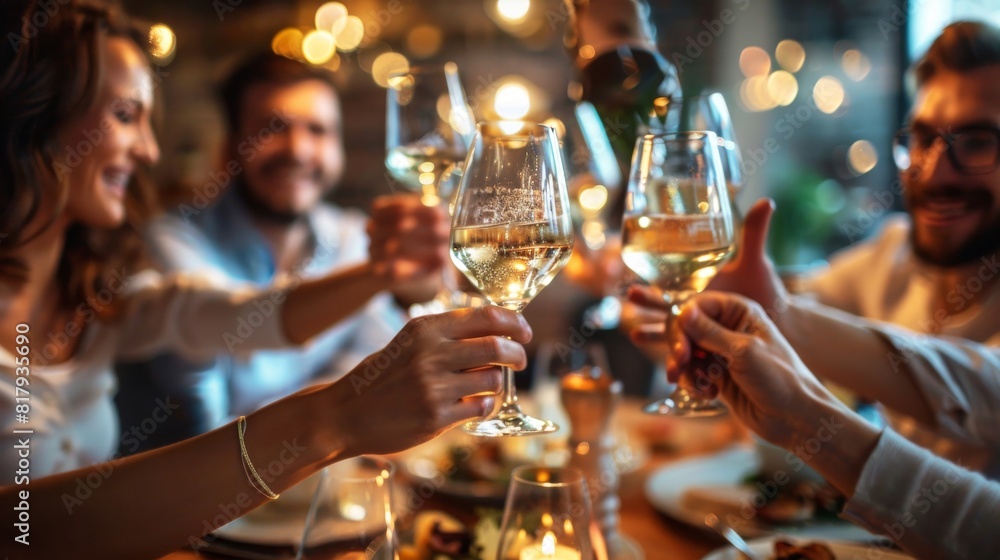 A group of friends joyfully raise their wine glasses in a toast, celebrating a successful meal together at a dinner party