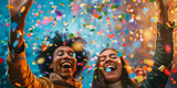 Joyful Celebration with Friends Colorful Confetti Shower Captures Happy Moments