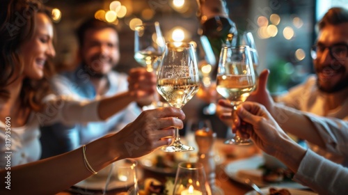 Obraz na płótnie A group of friends joyfully raise their wine glasses in a toast, celebrating a successful meal together at a dinner party w salonie