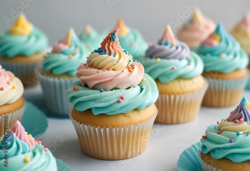 Close up on a delicious cupcakes, Birthday cupcake in different colors