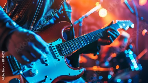 A talented man energetically plays an electric guitar on stage during a concert, captivating the audience with his music