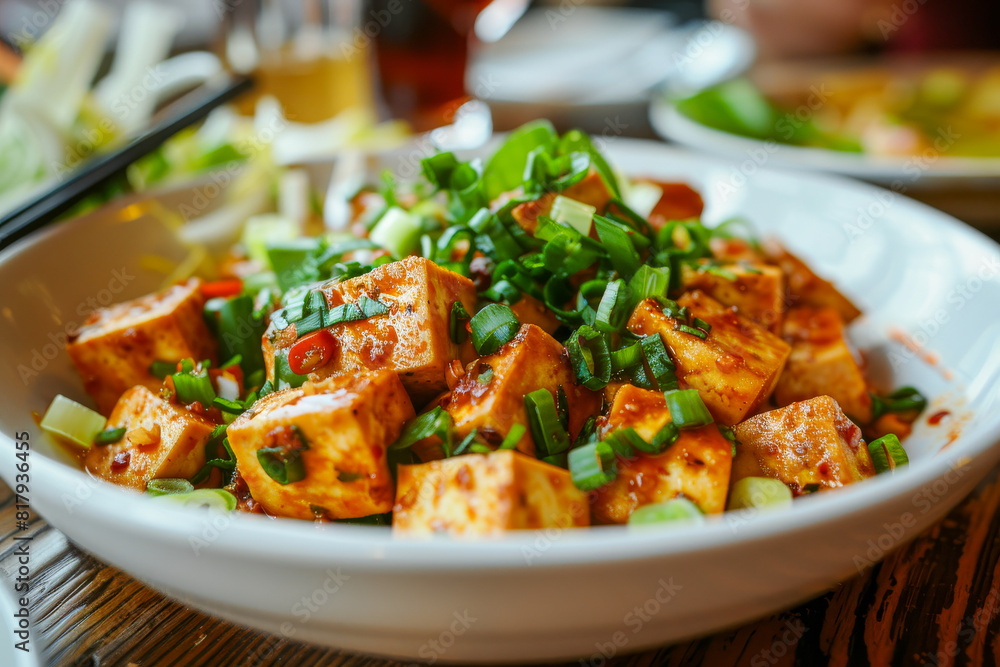 Delicious Spicy Tofu Salad Garnished with Fresh Green Onions in White Bowl Delicious Spicy Tofu Salad Garnished with Fresh Green Onions in White Bowl