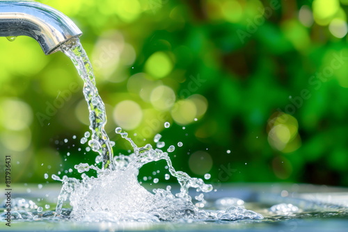 Water flowing from a tap into a basin with a dynamic splash, signifying freshness and the abundance of clean water