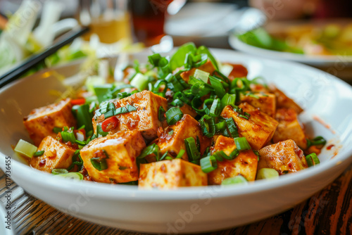  Delicious Spicy Tofu Salad Garnished with Fresh Green Onions in White Bowl