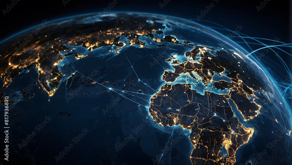 Digital world globe cantered on Middle East, concept of global network and connectivity on Earth, data transfer and cyber technology Digital world globe cantered on Middle East, concept of global network and connectivity on Earth, data transfer and cyber technology