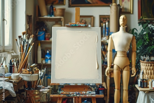 Empty Artist Canvas in Creative Studio with Art Supplies and Mannequin photo