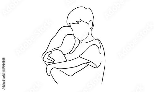Boy hugging girl continuous line art drawing isolated on white background. Vector illustration