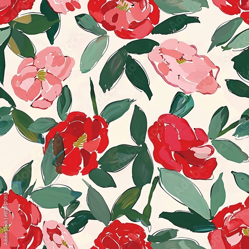 Seamless pattern with red camellia flowers