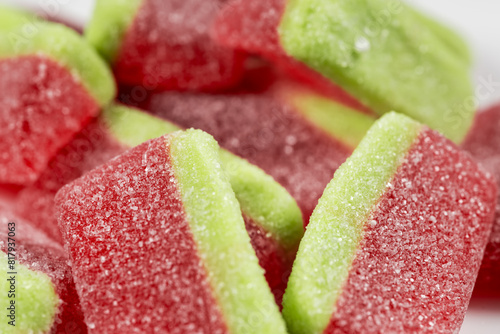 Pile jelly candies in the form of a watermelon close up