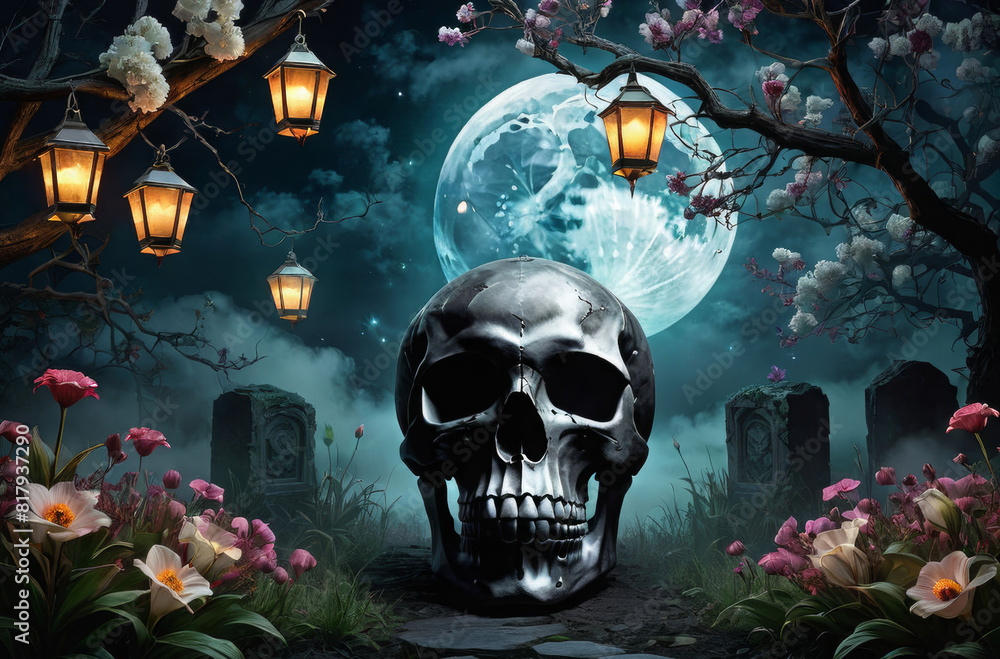 A gloomy night with a big moon, a skull and flowers. A gloomy night with a big moon, a skull and flowers.