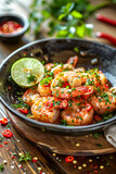 Spicy Shrimp Salad with Fresh Herbs and Lime in a Black Bowl on a Wooden Table