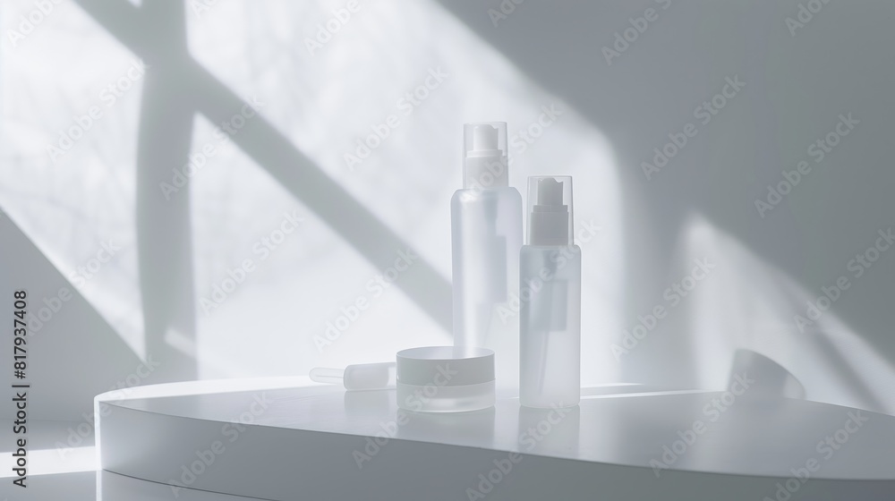Minimalistic skincare in white and transparent plastic bottles surrounded by foggy. Minimalistic skincare in white and transparent plastic bottles surrounded by foggy.
