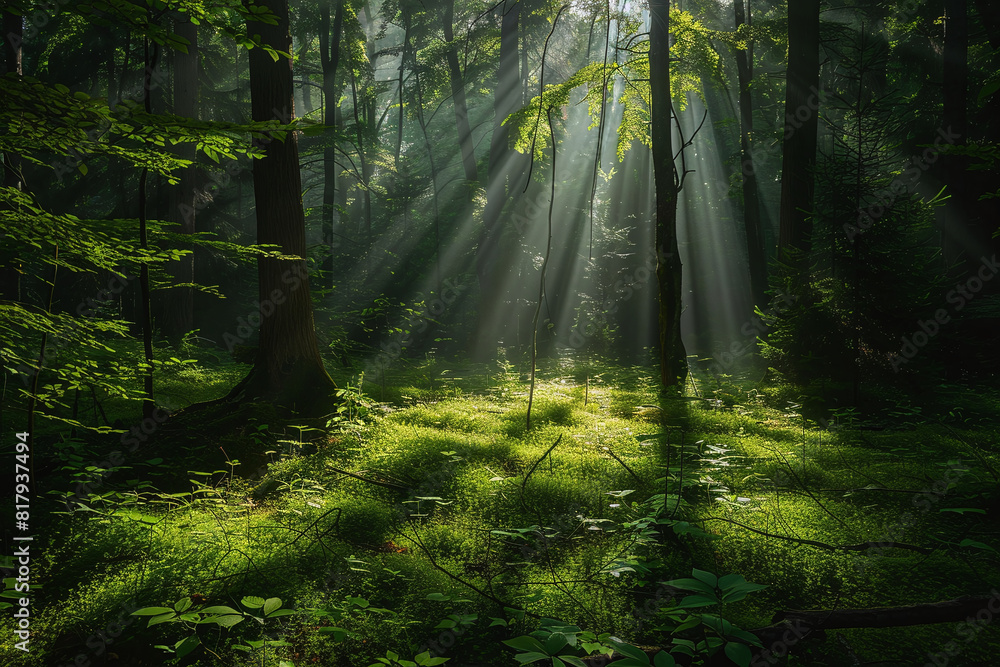 Naklejka premium Sunlight Filtering Through Dense Forest Canopy Illuminating Green Undergrowth