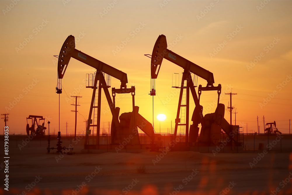 Oil drilling derricks at desert, sunrise.. Oil drilling derricks at desert, sunrise..