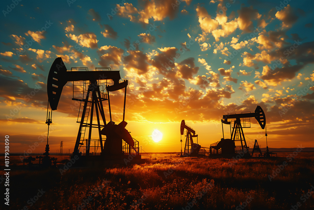 Naklejka premium Oil drilling derricks at desert sunrise
