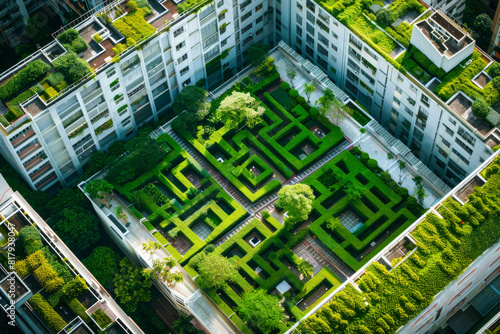 Aerial View of Modern Urban Building with Green Terrace and Rooftop Garden Maze