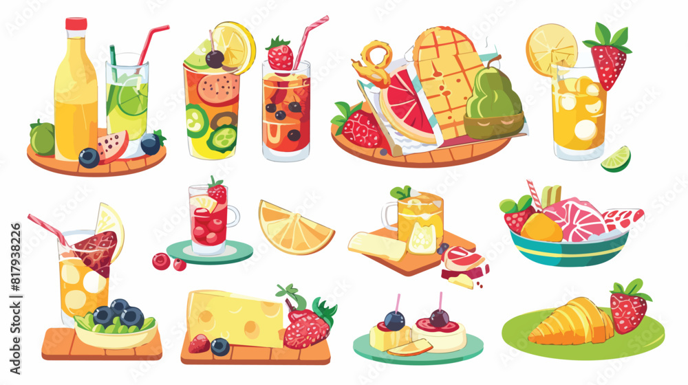 Picnic food Four. Summer snacks and drinks. Fruits on