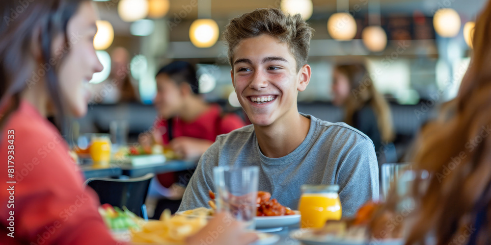 Teenagers Enjoying Lively Conversation and Meal at Modern Cafe