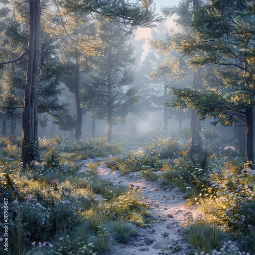 Misty Morning Solitude A Peaceful Digital Painting of a Tall Tree Forest at Dawn photo