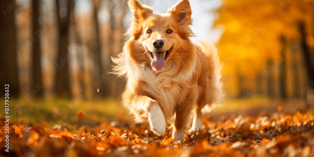Joyful Dog Running Through Autumn Leaves in Sunlit Park