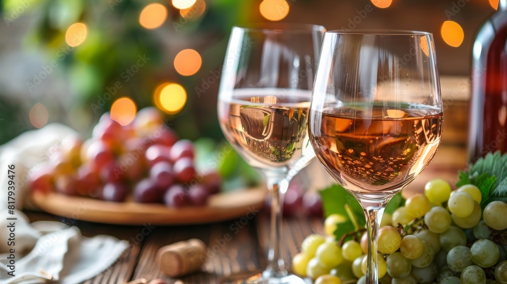 Two glasses of wine sit beside a cluster of fresh grapes on a rustic wooden table, creating a scene that embodies the essence of a winery Two glasses of wine sit beside a cluster of fresh grapes on a rustic wooden table, creating a scene that embodies the essence of a winery