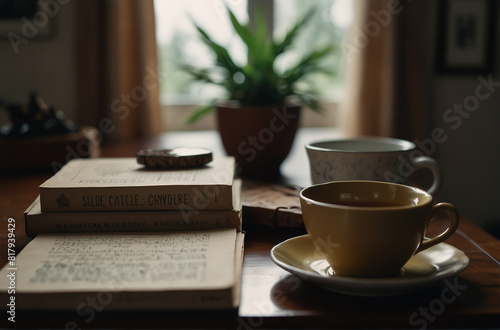 A Cup of Herbal Tea, Books, and Potted Plants on a Wooden Table, Creating a Calming Decor for a Balanced and Mentally Relaxing Environment - Perfect for Wellness and Tranquility Themes