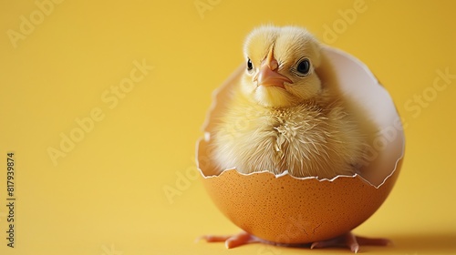 A newborn chick peeking out from a cracked eggshell on a vibrant yellow background