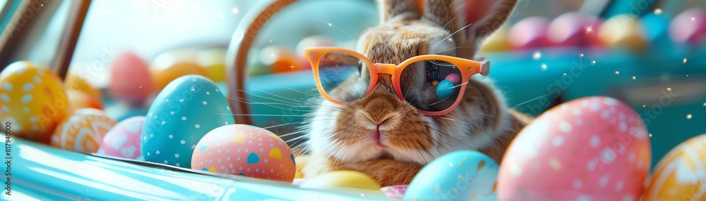 Bunny wearing sunglasses surrounded by colorful Easter eggs in a car, festive and playful