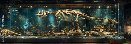 Paleontological Legacy Images of fossil exhibits displayed in museum settings showcasing the enduring legacy of paleontological research and the work of archaeologists in preserving Earths history photo