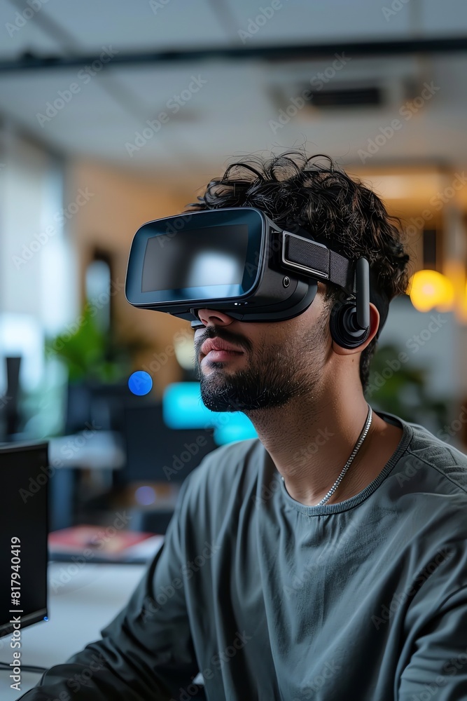 Man wearing VR headset, modern office, virtual reality experience, bright lighting, medium shot Man wearing VR headset, modern office, virtual reality experience, bright lighting, medium shot