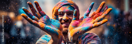 Joyful Celebration of Colors with Happy Person Covered in Vibrant Powder During Festival