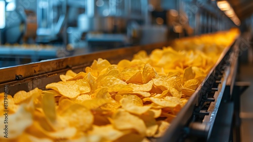Potato chips flowing from a machine on a conveyor belt in a factory
