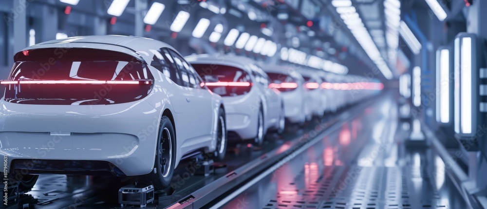 Obraz premium A line of cars are being manufactured in a factory