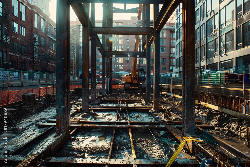 A busy construction site in a city, with workers, machinery, and materials visible