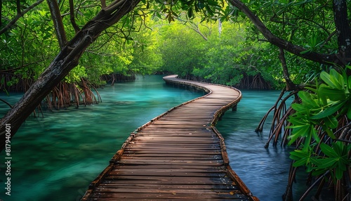 Wooden path through lush mangrove forest, serene water