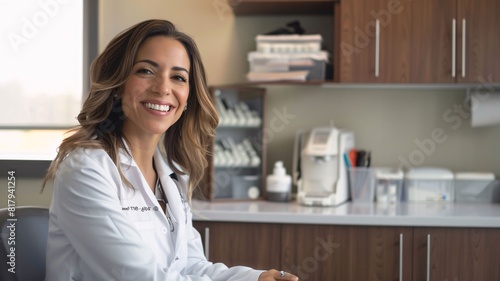 Portrait of a smiling female doctor sitting at the desk in her office