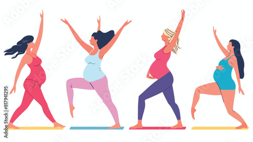 Pregnant women doing prenatal yoga exercises Four. Mo