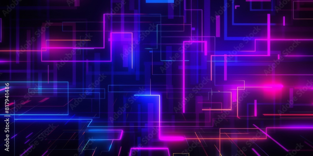 Abstract futuristic background with neon glowing blocks and lines in blue, pink, and purple colors. Digital technology concept. High quality photo Abstract futuristic background with neon glowing blocks and lines in blue, pink, and purple colors. Digital technology concept. High quality photo