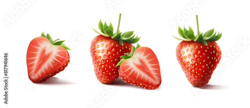 3d realistic vector icon. set of red strawberries, half of strawberry, whole strawberry. Isolated on white background.