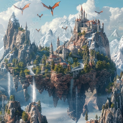 D Rendered Fantasy Mountain Range with Floating Islands Dragons and Magical Castle