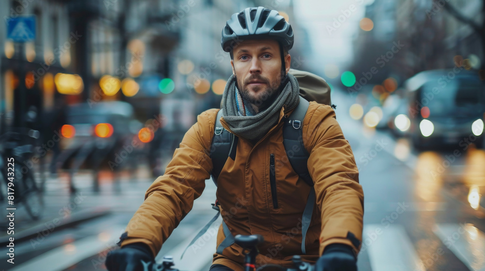 Stylish city biker at pedestrian crossing with bike lanes and green lights Stylish city biker at pedestrian crossing with bike lanes and green lights