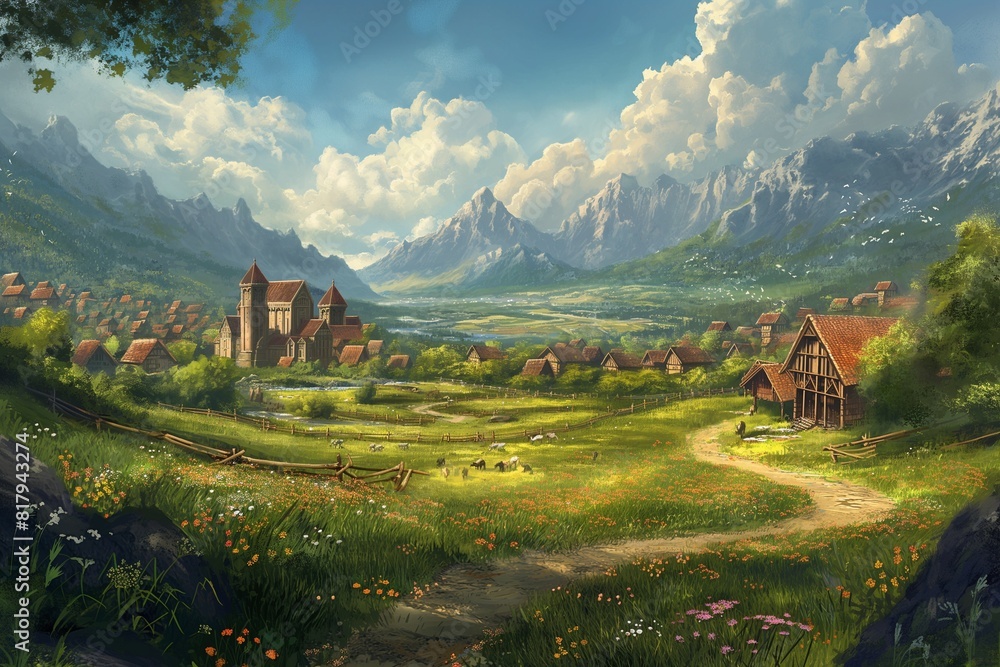 countryside landscape in medieval style illustration by generative ai countryside landscape in medieval style illustration by generative ai