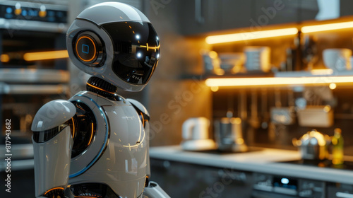 Humanoid robot helps with household chores in modern kitchen setting.