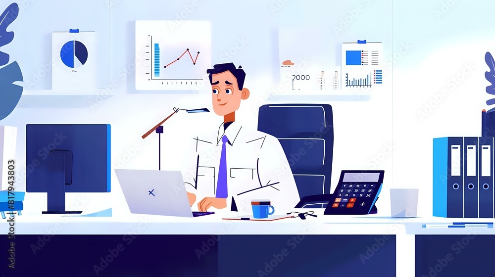 Financial Officer in the workplace with computers and calculators Financial Officer in the workplace with computers and calculators