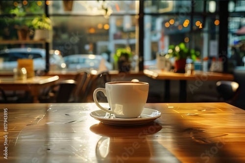 Coffee cup on the table in coffee shop with warm light